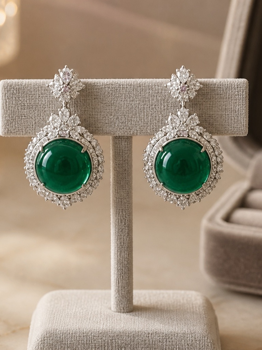 Vintage Emerald & Diamond Halo Drop Earring